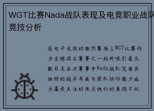 WGT比赛Nada战队表现及电竞职业战队竞技分析
