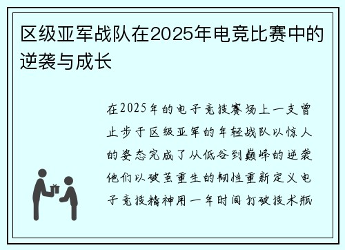 区级亚军战队在2025年电竞比赛中的逆袭与成长
